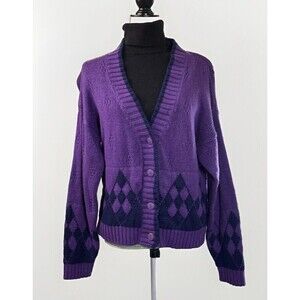 Vintage Cardigan Sweater M Purple Blue Geometric V-Neck  90s Grunge Grannycore